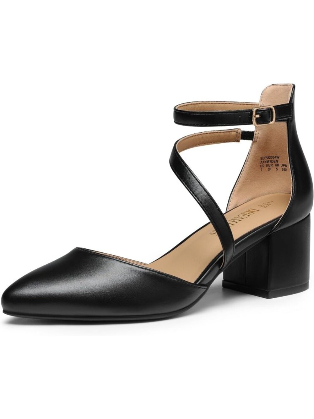 Women's Black Pu Leather Block Heels Pumps Closed Pointed Toe Ankle Strap Shoes